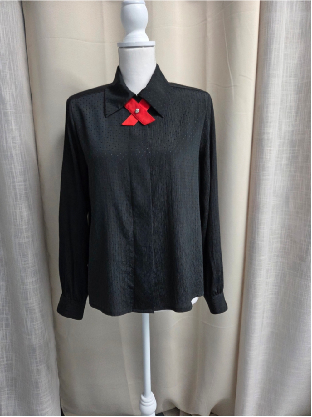 Vintage Jordan Petite Black Blouse 8 Ribbon Bow Textured Long Sleeve Goth 80s